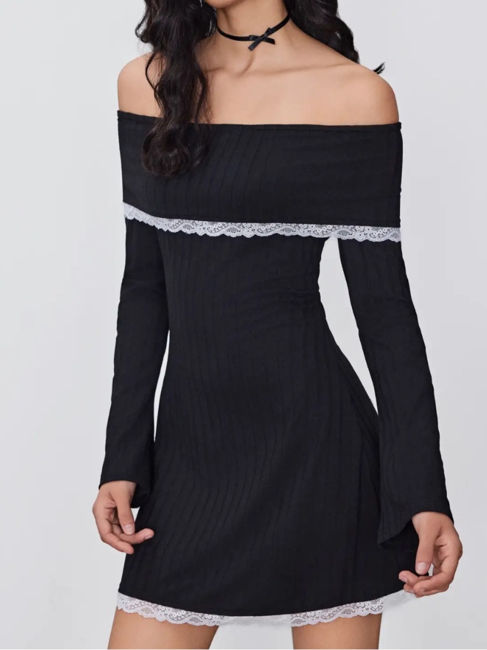 Off-Shoulder Black Lace Trim Women’s Dress